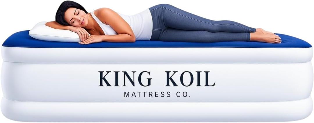 King Koil Luxury Twin Air Mattress with Built-in Pillow Top & Integrated High-Speed Patented Pump 20" Inflatable Twin Blow Up Airbed for Camping, Home & Guests, Waterproof (Blue)