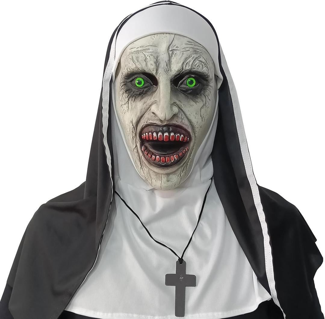 2024 Nun Scary Mask,Halloween Party Scary Full Head Costume Mask with cross necklace