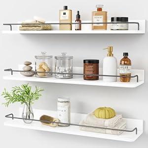 Forbena Floating Shelves for Wall 24 Inches Long, Modern White Wall Shelving Unit for Bedroom, Wood Hanging Shelf for Kitchen Bathroom Living Room Office Organizers and Storage (White and Grey)