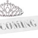 Anderson's Homecoming Queen Taylor Tiara and White and Silver Metallic Foil Sash Set, Homecoming Sashes for High School, Homecoming King