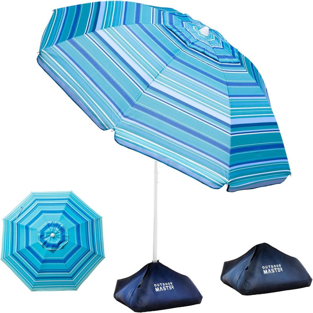 OutdoorMaster Beach Umbrellas for Sand with Sandbag & Anchor, 6.5ft Adjustable Umbrella for Beach Heavy Duty Wind, Portable UPF50+ Sunshade with Carry Bag for Patio, Light Blue Striped