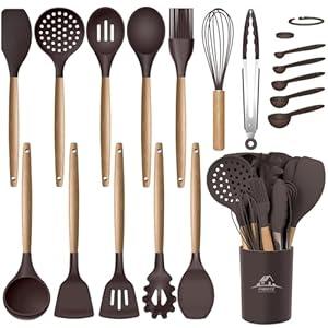 MIBOTE 17 Pcs Silicone Cooking Kitchen Utensils Set with Holder, Wooden Handles BPA Free Silicone Turner Tongs Spatula Spoon Kitchen Gadgets Utensil Set for Nonstick Cookware (Blue)