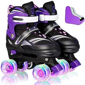 Rainbow Unicorn 4 Size Adjustable Light up Roller Skates for Girls Boys for KidsAll 8 Wheels of Girl's Skates Shine,Safe and Fun for Kids (Medium, Purple)