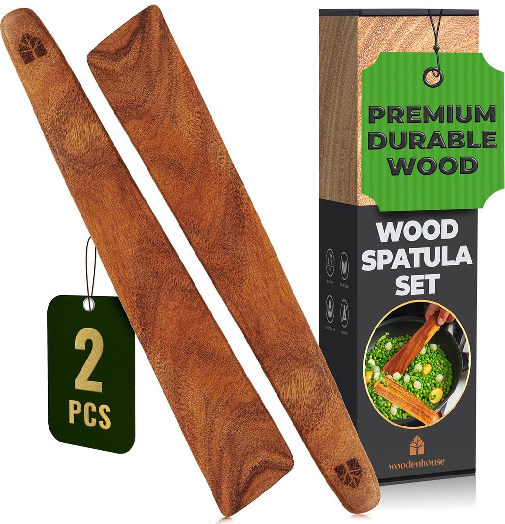 Wooden Spatula for Cooking Set of 2  12 Inch Teak Spatula Turner & Flipper for Cast Iron, Flat Egg & Pancake Scraper  Utensils by Woodenhouse