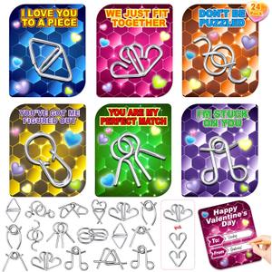 24 Pack Valentine Cards for Kids with Metal Brain Teaser Puzzles,Kids Valentines Day Gifts for School,Valentines Day Party Favors,Classroom Exchange Gift,Fidget Toys Bulk,Classroom Prizes