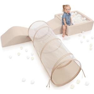 Fun Climbing Toy Set for Toddlers Aged 1-3 - Incl. Crawl Through Tunnel, Large Ball Pit & Climbing Blocks for Unlimited Indoor Fun - Perfect Foam Play Gym for Baby/Kids to Safely Learn New Skills (Beige)