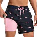 maamgic Mens Swim Trunks with Compression Liner 5 Inch, Quick Dry Bathing Suit with Zipper Pockets, No-Chafing Swim Shorts (Medium, Black-pink Shark)