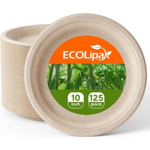 ECOLipak 100% Compostable 10 Inch Paper Plates, 125 Pack Heavy Duty Disposable Biodegradable Eco-friendly Sugarcane Bagasse Plates for Dinner Party (Nature)