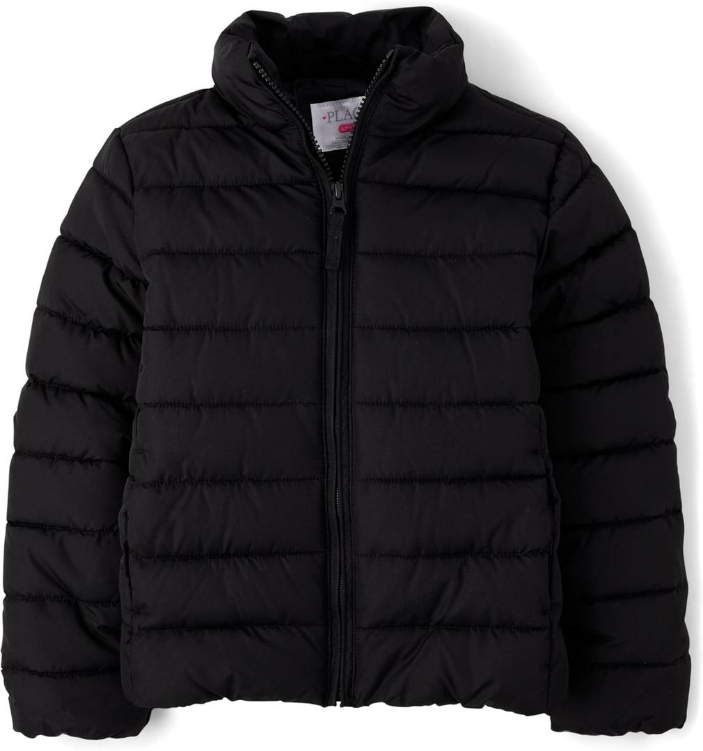 The Children's Place Girls' Medium Weight Puffer Jacket, Wind, Water-Resistant, Black, Small (5/ 6)