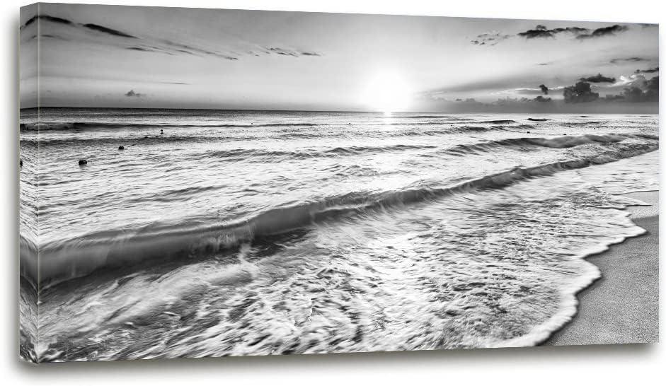 Large Ocean Sea Waves Nature Canvas Wall Art Picture Print -Modern Sea Nature Landsacpe Artwork Painting Framed for Bathroom Living Room Office Wall Decor -20"x40"inch (black white ocean)