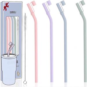 Doboli 10 inch Silicone Reusable Bendy Straw Flexible Straws With Straw Cover, Compatible with 20 oz 30 oz 32 oz Cup Tumbler Non Rubber, 4 Pack Smoothie Silicone Straws Straw with Cleaning Brush