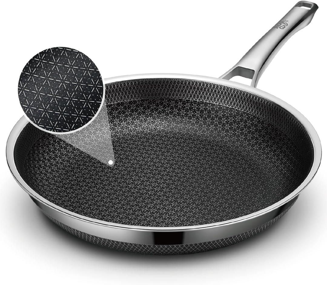 Frying Pan, 12 Inch Hybrid Non Stick Stainless Steel Skillets, Dishwasher Induction Oven Broiler Safe, Non Toxic Chef's Pan, PFOA Free Cookware