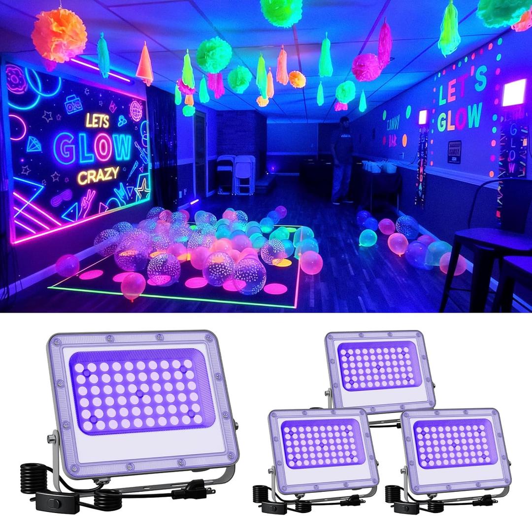 4 Pack 50W Blacklight Flood Lights Wired 120V IP66 Waterproof UV Led Black Lights for Luminous  Decor, 3D Resin Prints, Uranium Glass, Ultraviolet Poster, Purple Ambiance Lighting for Glow Party