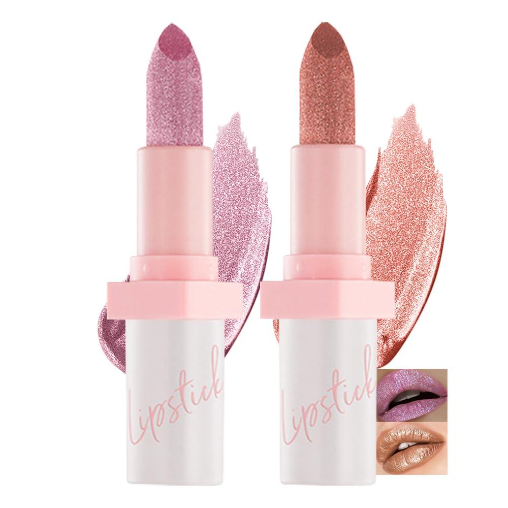 2Pcs Metallic Glitter Lipstick Set - Long Lasting, High Shine, Diamond Effect Lip Makeup for Women (Set B, 2Pcs)
