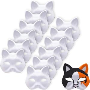 12 Pack White Fox Masks DIY Blank Animal Face Mask with Elastic Strap for Halloween, Masquerade, Cosplay, School Drama, Painting Craft and Party Decorations