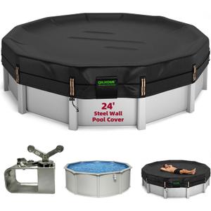 QH.HOME 550D Pool Cover 24 FT Round Above Ground[Upgraded Tear-Proof & Threefold Windproof] wth Pre-Installed Winch and Rope, Durable 4 Foot Overlap & Extra-Thick Designed for Steel WALL Pools