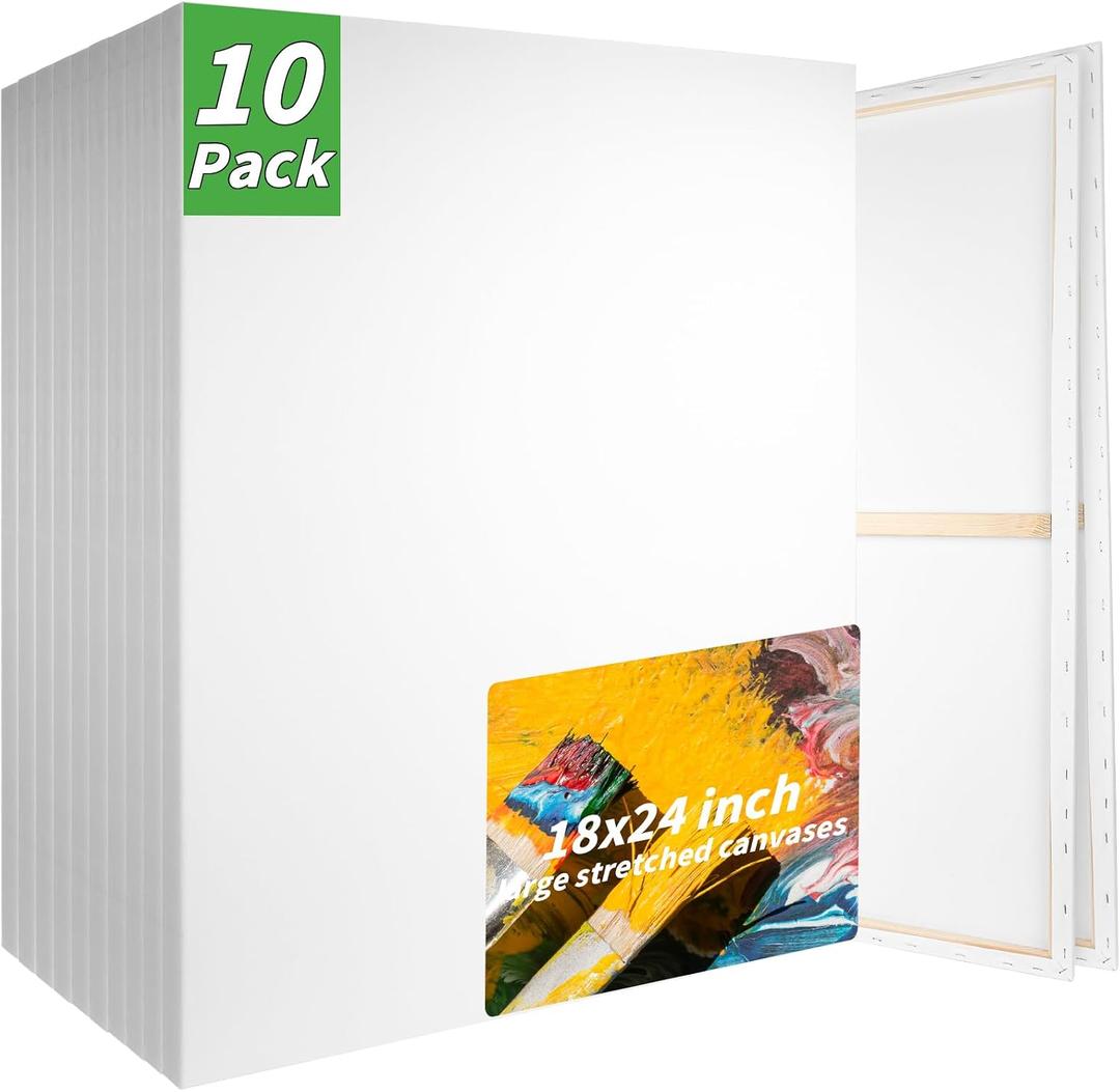 10 Pack Stretched Blank Canvases for Painting 18x24 100% Cotton Large Canvas Boards for Painting Bulk, White Painting Canvas for Oil, Acrylic Paint & Other Painting Media