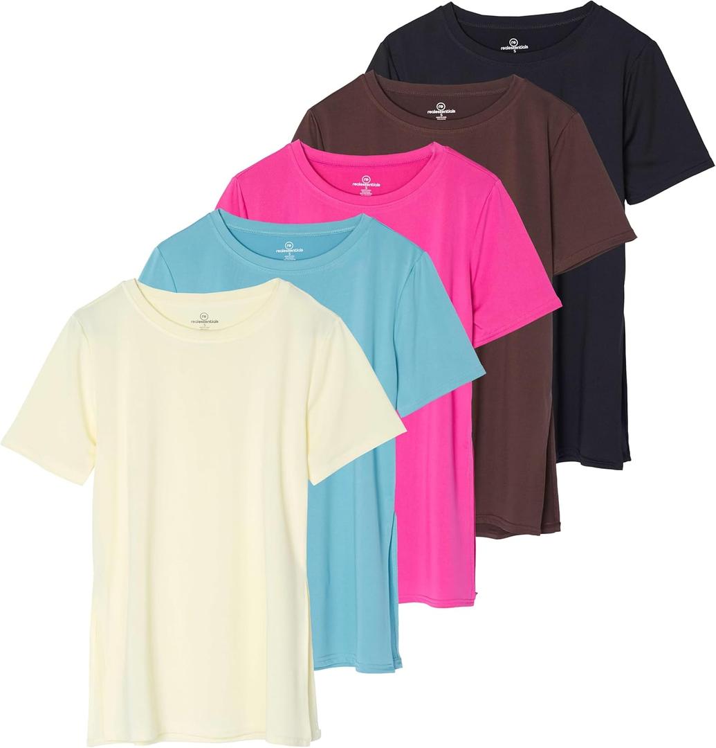 Real Essentials 5 Pack: Women's Short Sleeve Active Workout T-Shirts - Dry Fit Gym Tops with Split Hem (3X)