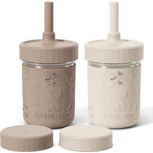 Fimibuke Toddler Cups Spill Proof, 8 OZ Sippy Cups for Kids Girl Boy, Leak Proof Stainless Steel Tumbler with Lid, Silicone Straw & Sleeve, BPA Free Dishwasher Safe Water Bottle Snack Container 2 Pack  Khaki/Beige, 8 Ounces