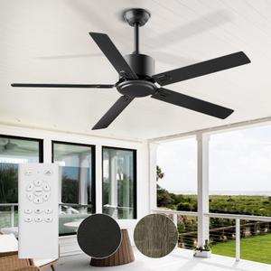 Obabala 60 in Black Ceiling Fan No Light with Remote Control, Outdoor Ceiling Fans without Light, 5 Blades, 6 Speed Reversible DC Motor Modern for Patios, Garage, Bedroom, Porch (Black), Large-60"
