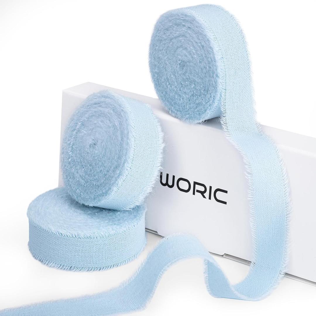 Woric Light Blue Ribbon 5/8 Inch x 18Yards 3 Rolls Baby Blue Cotton Ribbon for Mothers Day Graduation Gift Wrapping Handmade Frayed Fringe Ribbons for Baby Bridal Shower Wedding Decor DIY Crafts