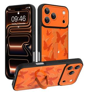 Gukalong Magnetic Phone Case for iPhone 17 Pro 6.3 Inch (Compatible with MagSafe) Orange Butterflies Phone Cover with Strap Stand Shockproof Protective Anti-Scratch Kickstand Case for Women