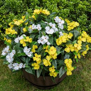 Nigirior Artificial Fake Flowers for Outdoor Dcor 6 Bundles UV Resistant Fake Plants for Planter Faux Impatiens for Home Porch/Garden StunningYellow/White
