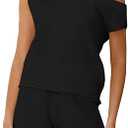 Tankaneo Women's Off The Shoulder 2 Piece Outfits Sweater Sets Shorts Casual Matching Lounge Sets 2025  2XL Black