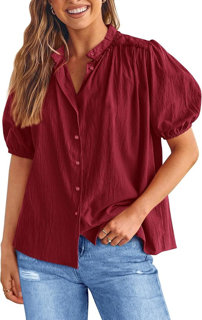 PRETTYGARDEN Women's Summer Button Down Shirts Short Lantern Sleeve V Neck Cotton Cute Dressy Casual Ladies Tops Blouses (Medium, Burgundy)