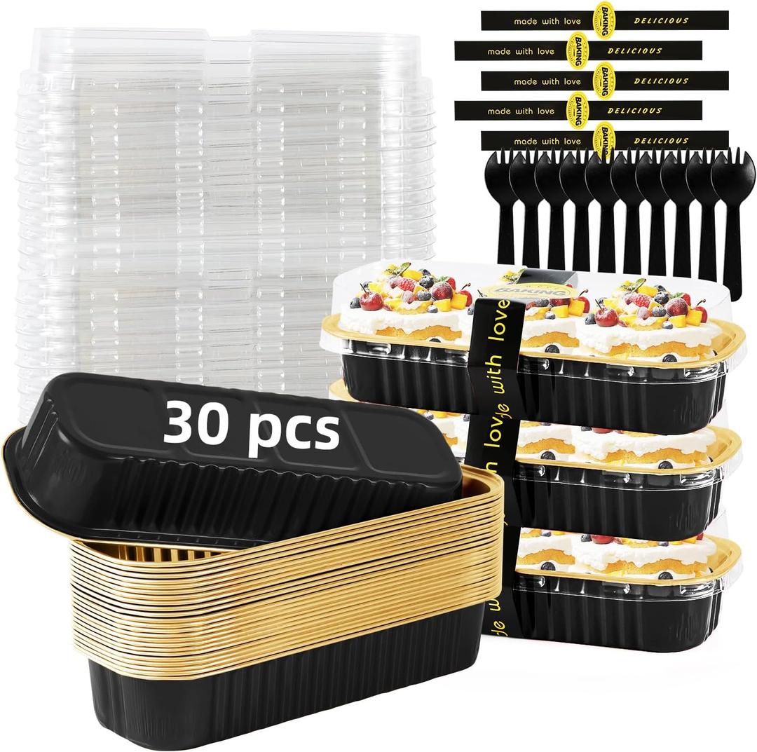 Mini Loaf Pans with Lids and Spoons Sealing Sticker,30 Pcs 6.8oz Cake Pans for Baking Disposable Aluminum Foil Red cake pan (30 PCS Black Gold)