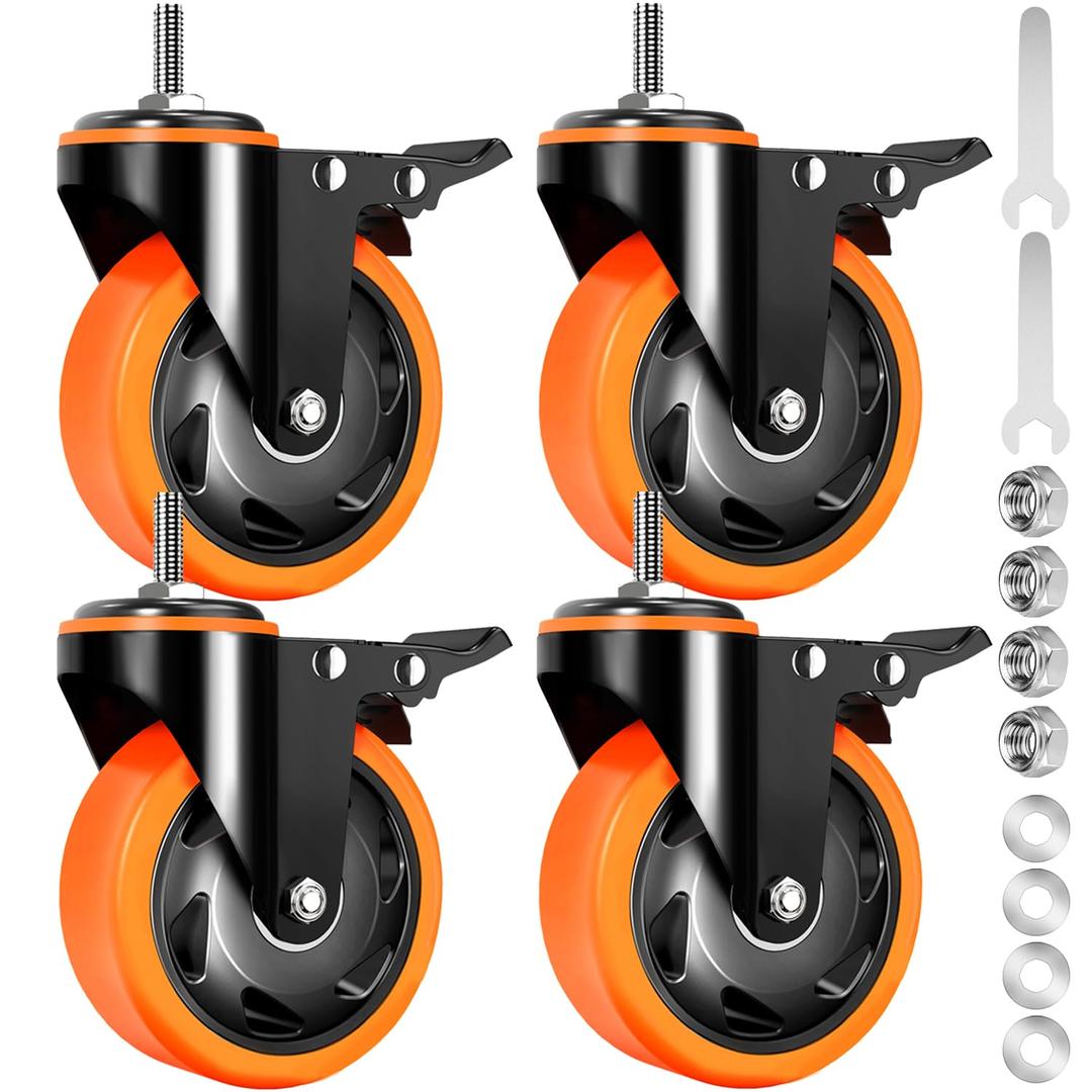 Caster Wheels Heavy Duty 3 Inch Stem Caster 1600Lbs, Threaded Stem Casters 3/8"-16 x 1(Stem Diameter 3/8", Stem Length 1"), Safety Locking Caster Set of 4, Industrial Castor Wheels for Cart, Furniture