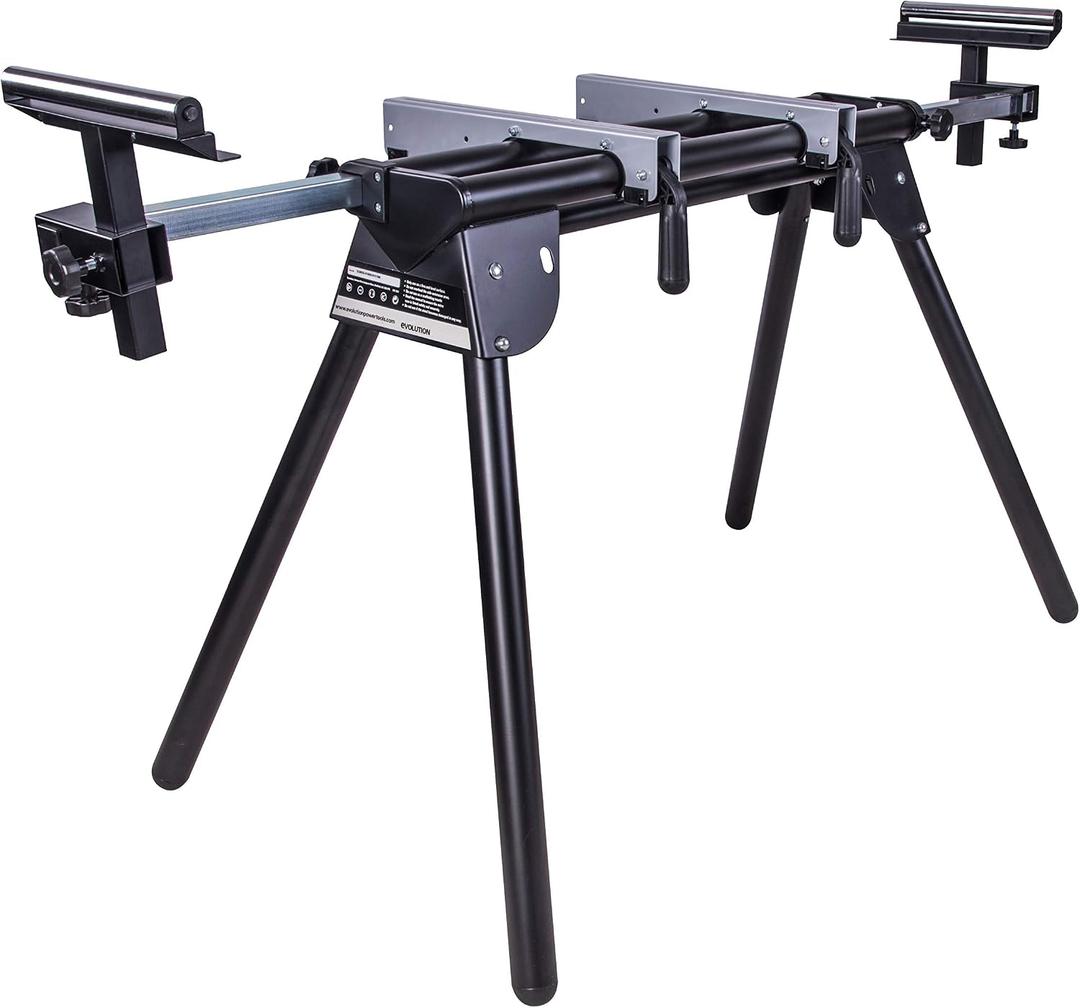 Evolution Power Tools EVOMS1 Miter Saw Stand Compact & Folding, Universal Fits Most Brands, Quick Release Mounting Brackets, Rollers, End Stops for Repeat Cutting , Black