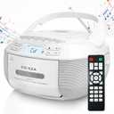 Greadio CD Player Boombox Cassette Player Combo with Bluetooth, AM/FM Radio, Stereo Sound with Remote Control, AUX/USB Drive, Tape Recording, AC/DC Powered, Headphone Jack, LCD Display for Home, Kids, Gift (White)