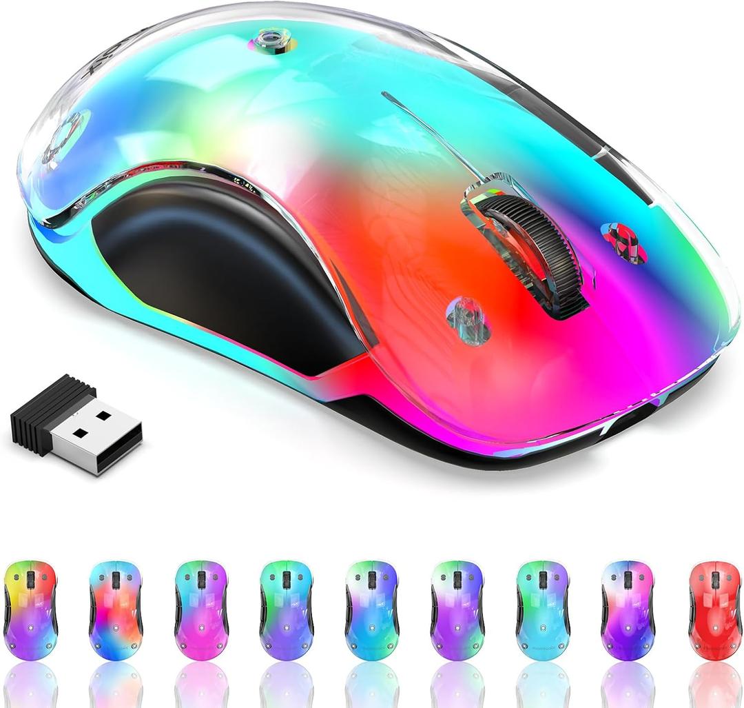 memzuoix 2.4G Wireless Mouse with Customizable Cover & 9-Color LED - Rechargeable Ergonomic, 1200 DPI, 5 Buttons, USB Receiver for PC/Mac - White