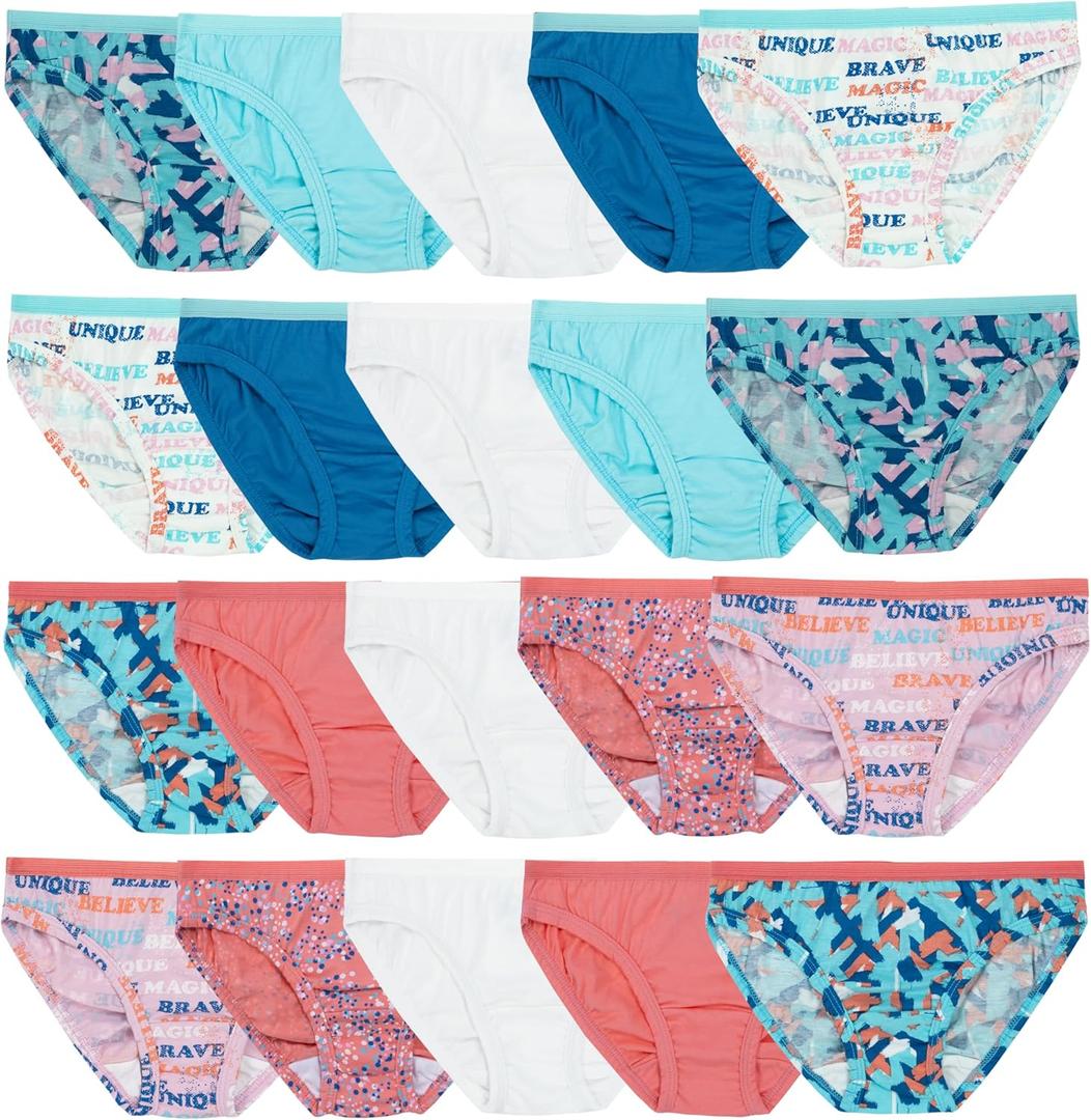 Fruit of the Loom Girls' Cotton Bikini Underwear Multipacks (14, 20 Pack - Fashion Assorted)