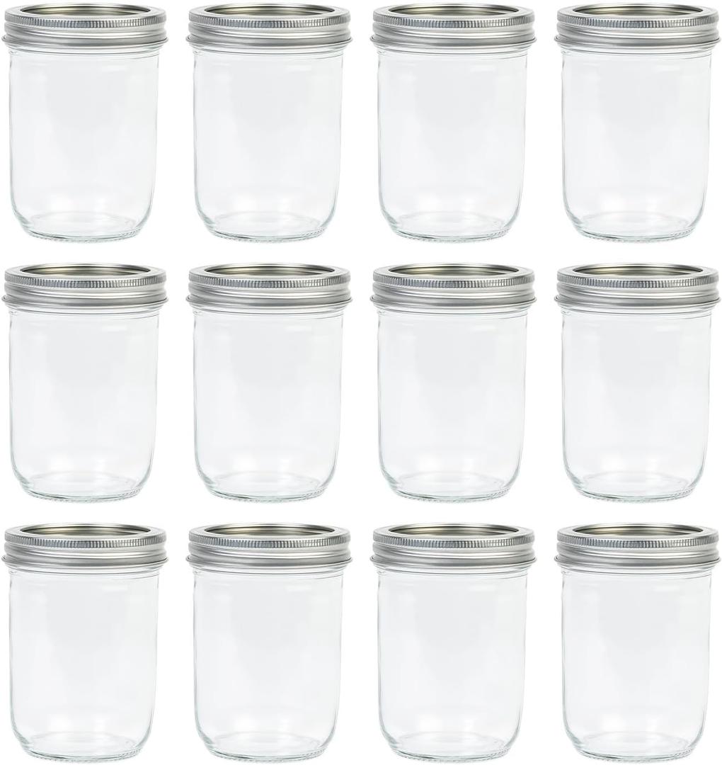 Jumterlee Wide Mouth Mason Jars 16 oz (12 Pack) - Overnight Oat Jars with Airtight 2-Piece Metal Lids, Suitable for Pickling, Meal Prep, Storage, DIY Crafts & Water Bath Canning