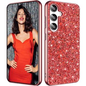 2 x Galaxy A15 Glitter Case for Samsung Galaxy A15 5G Phone Case for Women Girls, Slim Ultra Thin Matte Back Shockproof Protective Cover for Samsung A15 5G, 6.5" Crystal Bling Case (Red)