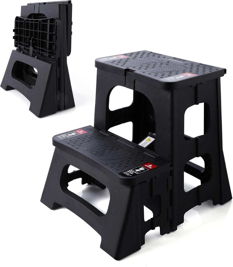 Folding 2-Step Stool - Upgraded Stable A-Frame, Safety Lock, Anti-Slip Rubber Feet, 300lb Capacity, No Assembly - 8" 17" Step Stools for Kitchen, Bathroom, Bed, RV, Home, Office (Black)