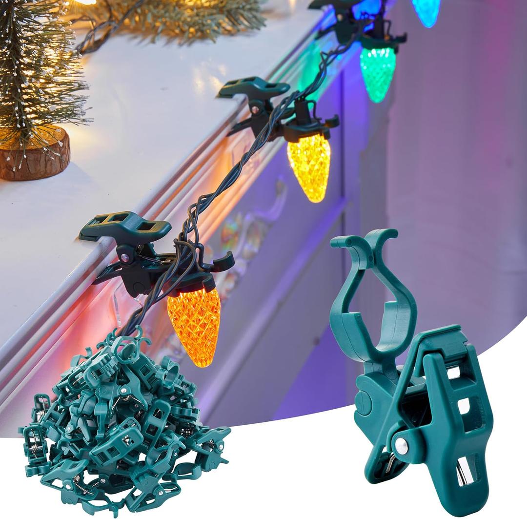 C7 C9 Christmas Lights Universal Spring Clips, 150 Count Quick Spring Clips for Holiday Light Decorations, Shatterproof Shingle and Gutter Clips for E12 E17, Metal Surface Roof Fence Railing Gates (Green)
