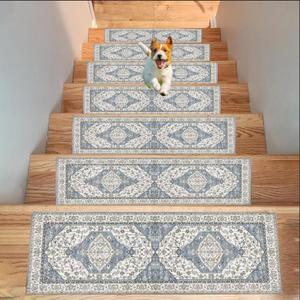 Stair Treads Non Slip for Wooden Steps 7pcs, Carpet Mat 27inX9in Indoor Stair Runner with Adhesive Backing, Treads Washable Reusable Stair Rugs for Kids, Elders, Pets (Blue)