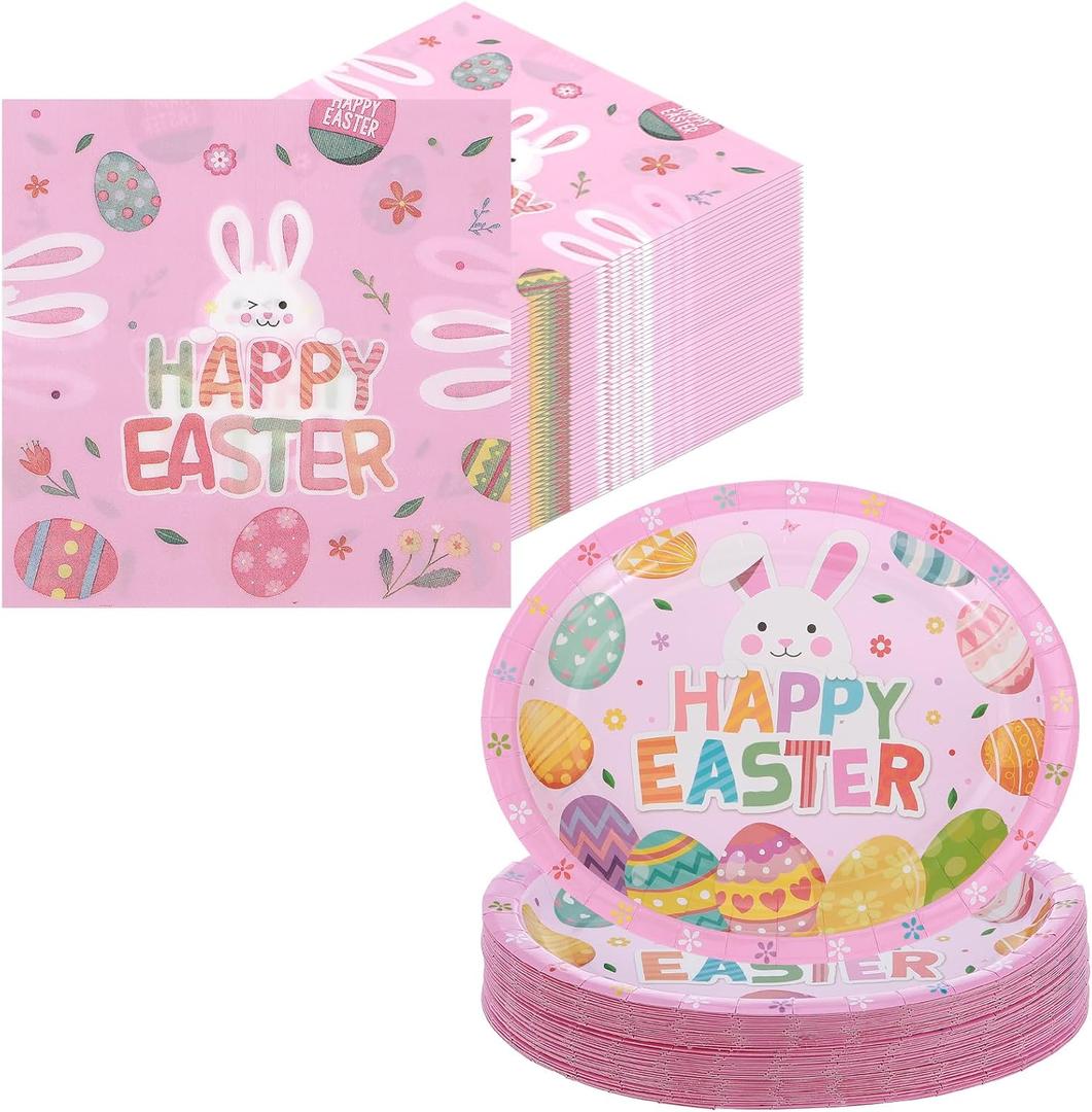 2 x 100Pcs Easter Party Oval Paper Plates Napkins Set, Oval Disposable Party Dinner Dessert Plates and Napkins for Easter Spring Holiday Party Supplies