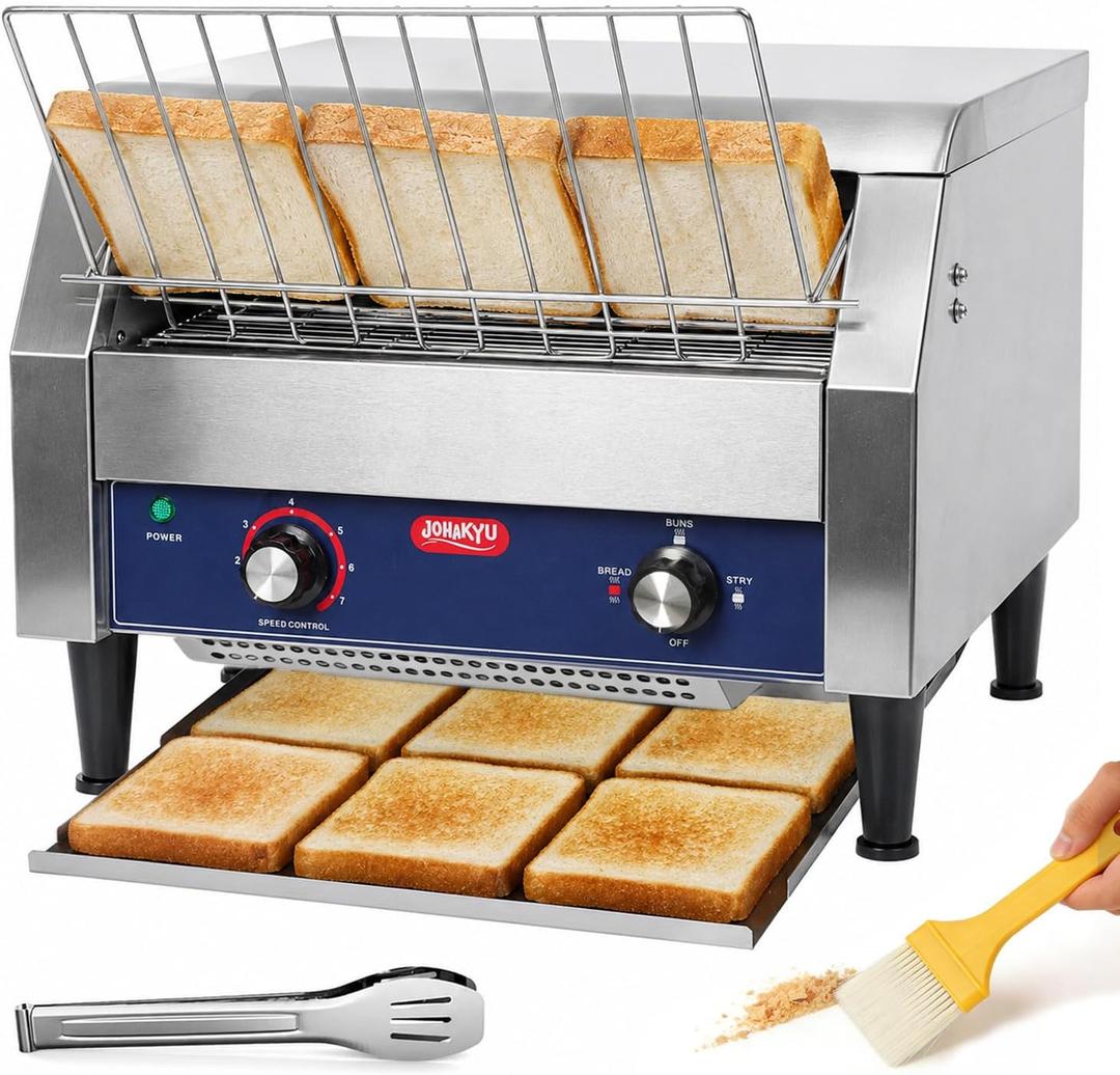 JOHAKYU Commercial Conveyor Toaster, 450 Slices/Hour Heavy Duty Stainless Steel Restaurant Toaster, Ideal for Buns Bagels Bread, Comes with Cleaning Accessories