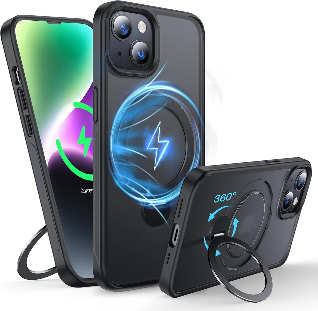 360Rotatable Magnetic Ring for iPhone 14 Plus Case/iPhone 15 Plus Case Compatible with MagSafe [Non-Slip Texture][Built-in Kickstand][Military Shockproof] Translucent Matte Silicone Slim,Black