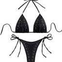 WDIRARA Women's 2 Piece Bikini Set Halter Triangle String Rhinestone Swimsuit Bathing Suit (Black, M)