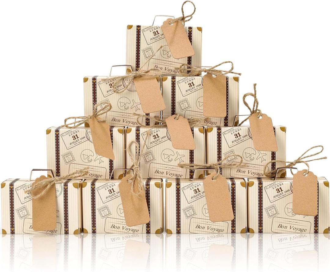 VGOODALL 50PCS Mini Suitcase Party Favor Box, 3"x2"x1.2" Small Gift Box with Tags for Travel Themed Party, Bridal Shower, Wedding