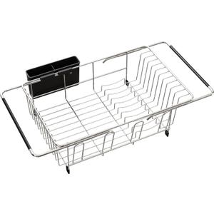 Over the Sink Expandable Dish Drainer Drying Rack In Stainless Steel for Small Kitchen, Counter Space Saving Modern Compact Metal Above Plate Dryer Strainer, Adjustable Hanging Inside Drain Holder (For 11-12"W Sink, Silver)