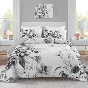 Floral Quilt Set King 3 Pieces Grey Floral Quilt Coverlet Set Soft Microfiber Lightweight White Quilted Bedspread for All Season 104"x90"
