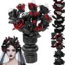 12 Pcs Halloween Artificial Roses Bouquet Long Stem Faux Red and Black Roses Bundles Fake Flowers with Skeleton Spider Halloween Floral Picks for Vase Arrangements Table Decorations