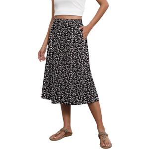 Witsmile Women's Boho Floral Printed Skirt Elastic High Waisted Summer/ Fall Flowy Skirt for Women(FP Black Pink, XL)
