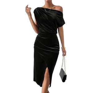 SweatyRocks Women's Off The Shoulder Asymmetrical Velvet Midi Dress Short Sleeve Ruched Elegant Party Dresses Black XL